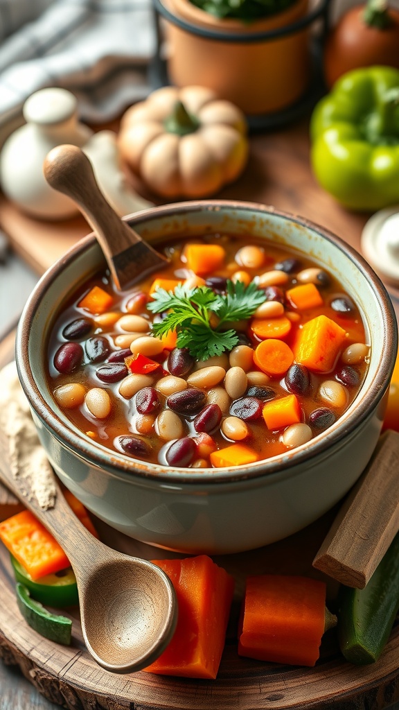 Hearty Vegan 5 Bean Soup Recipe A colorful bowl of hearty 5 bean soup with various beans and vegetables, garnished with parsley, on a rustic table.